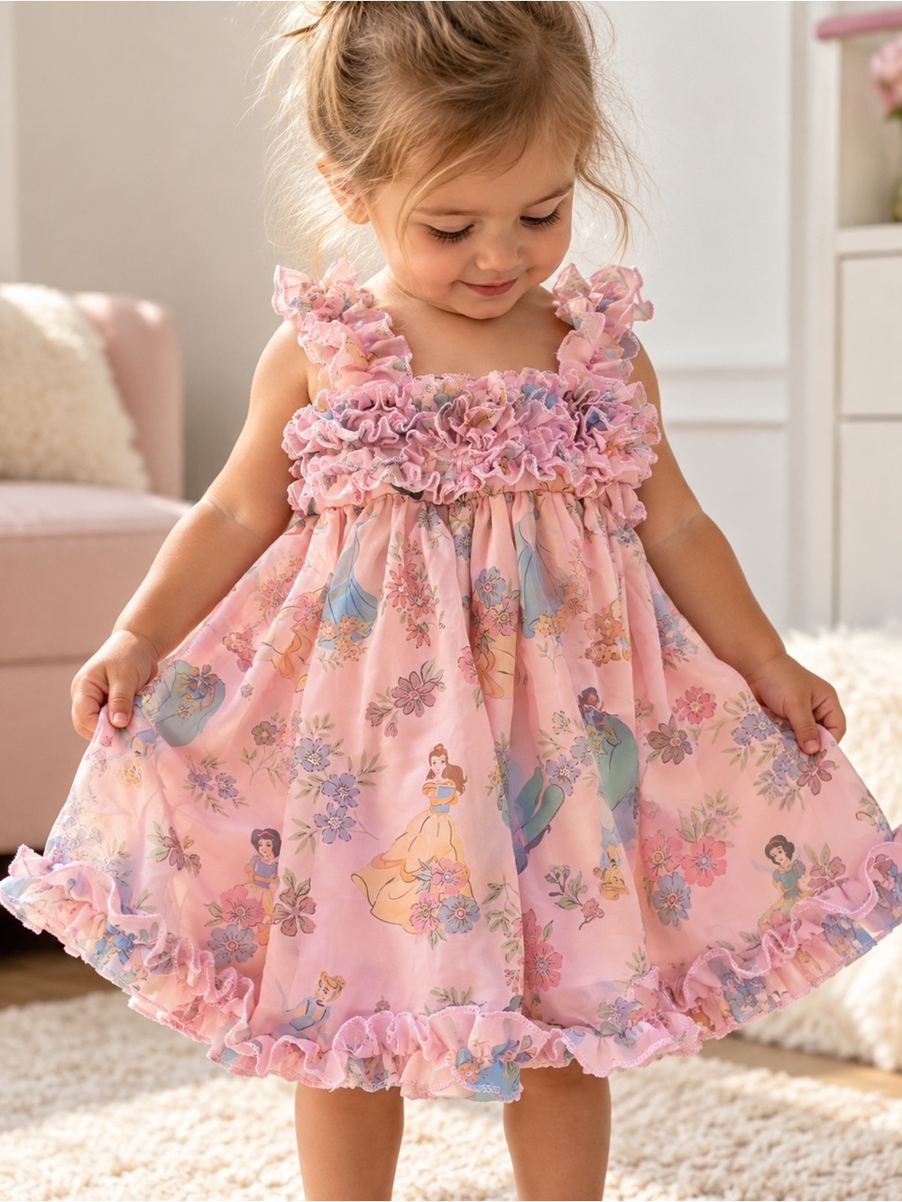 Disney Princess Girls 2T Pink Floral Ruffle Dress Belle Jasmine Cinderella